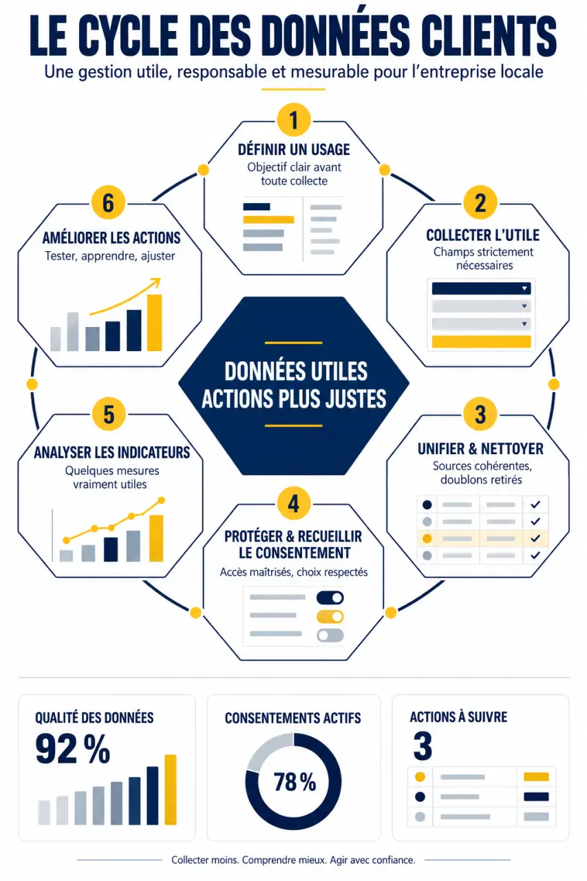 Infographie sur la gestion des données clients à Lille, de la collecte au pilotage de l’activité