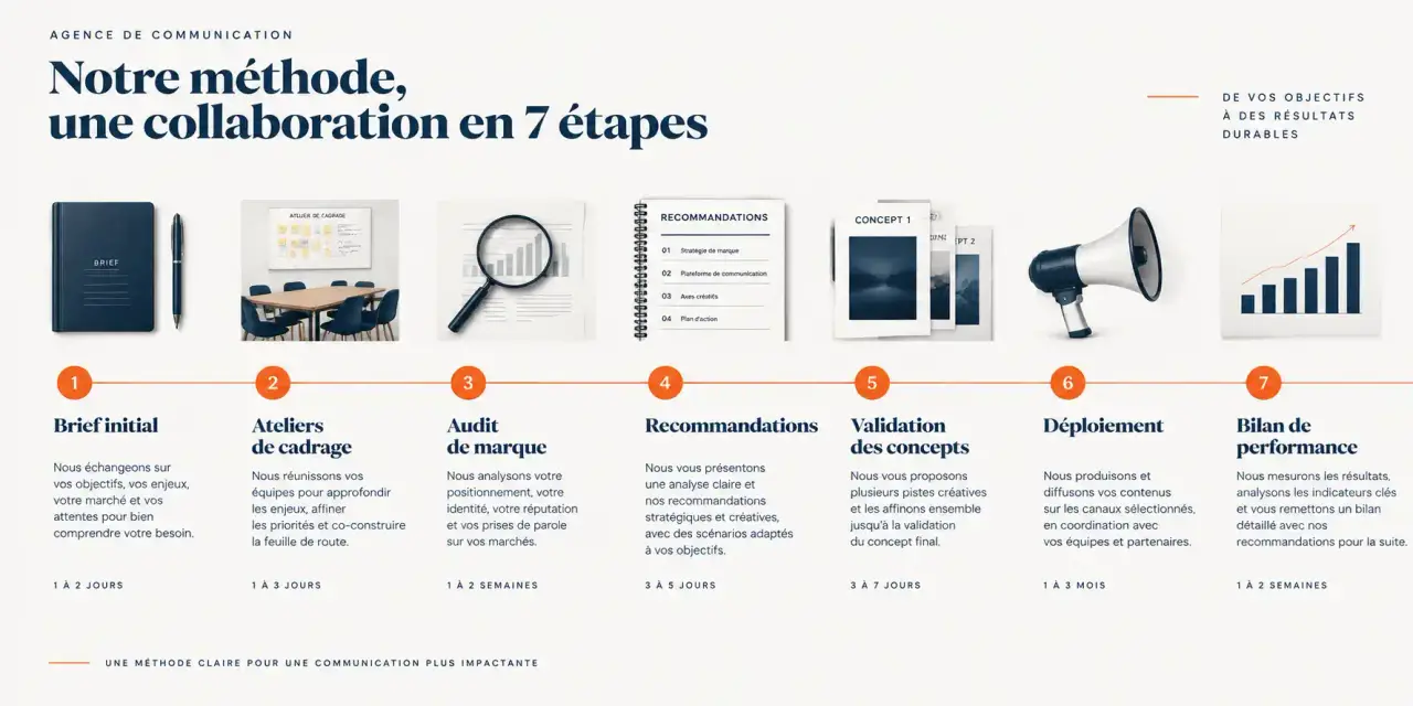 Étapes d'une collaboration avec une agence de communication Lyon Paris, du brief au bilan de performance