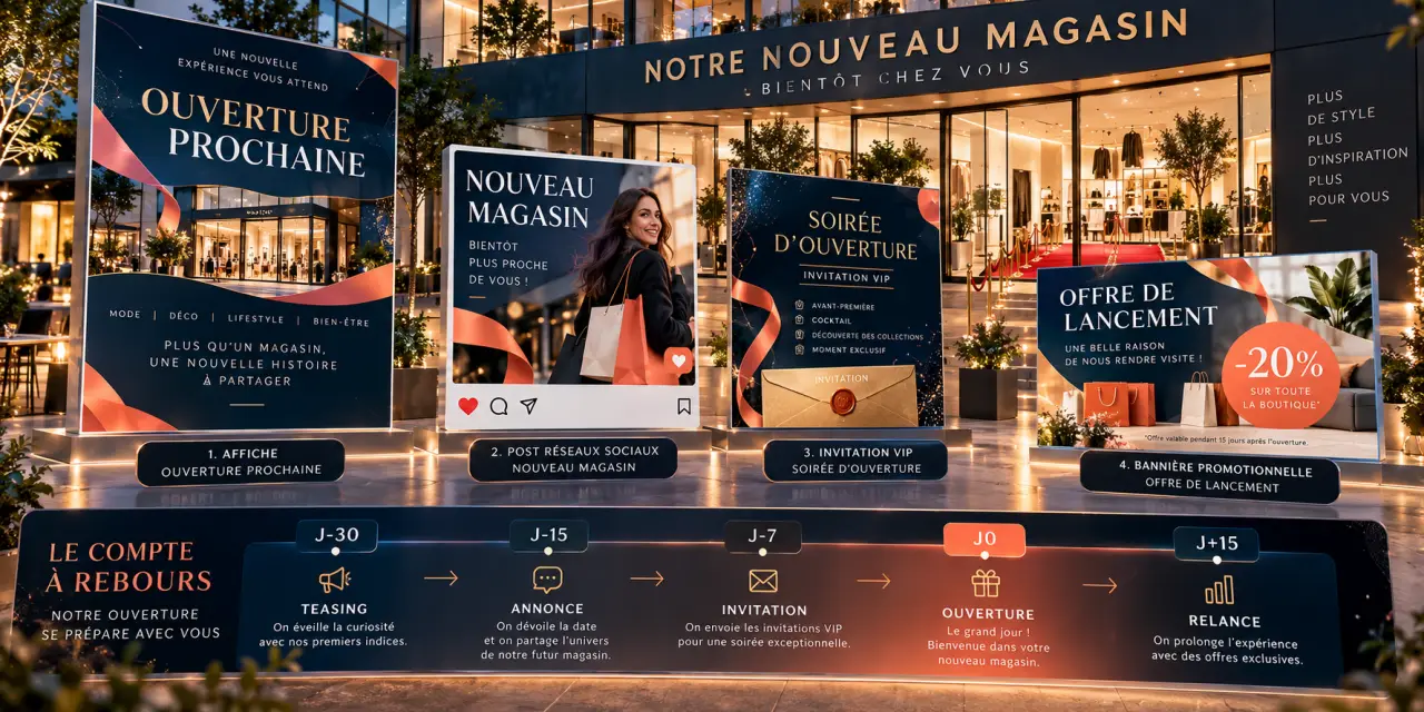Annonce d’ouverture de magasin : 4 modèles et un calendrier de J-30 à J+15