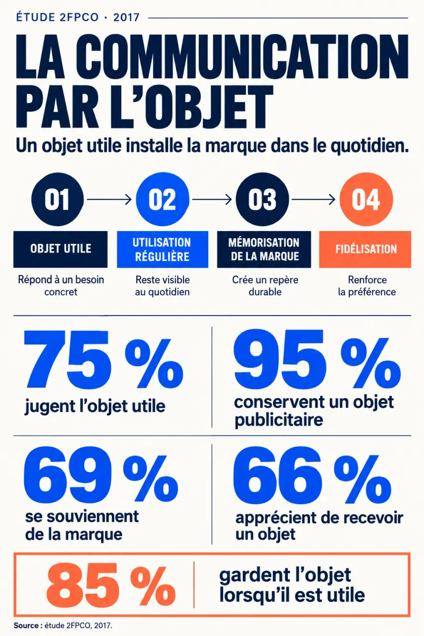 Infographie sur la communication par l’objet et les chiffres clés de mémorisation et d’utilisation