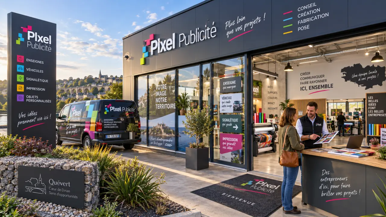 Pixel Publicité à Quévert : enseigne, signalétique et marquage avec un accompagnement de proximité