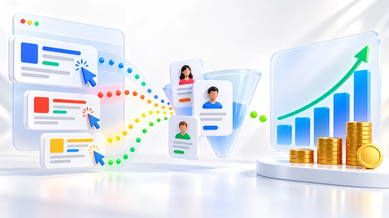 Tableau de bord Google Ads reliant clics, leads et retour sur investissement