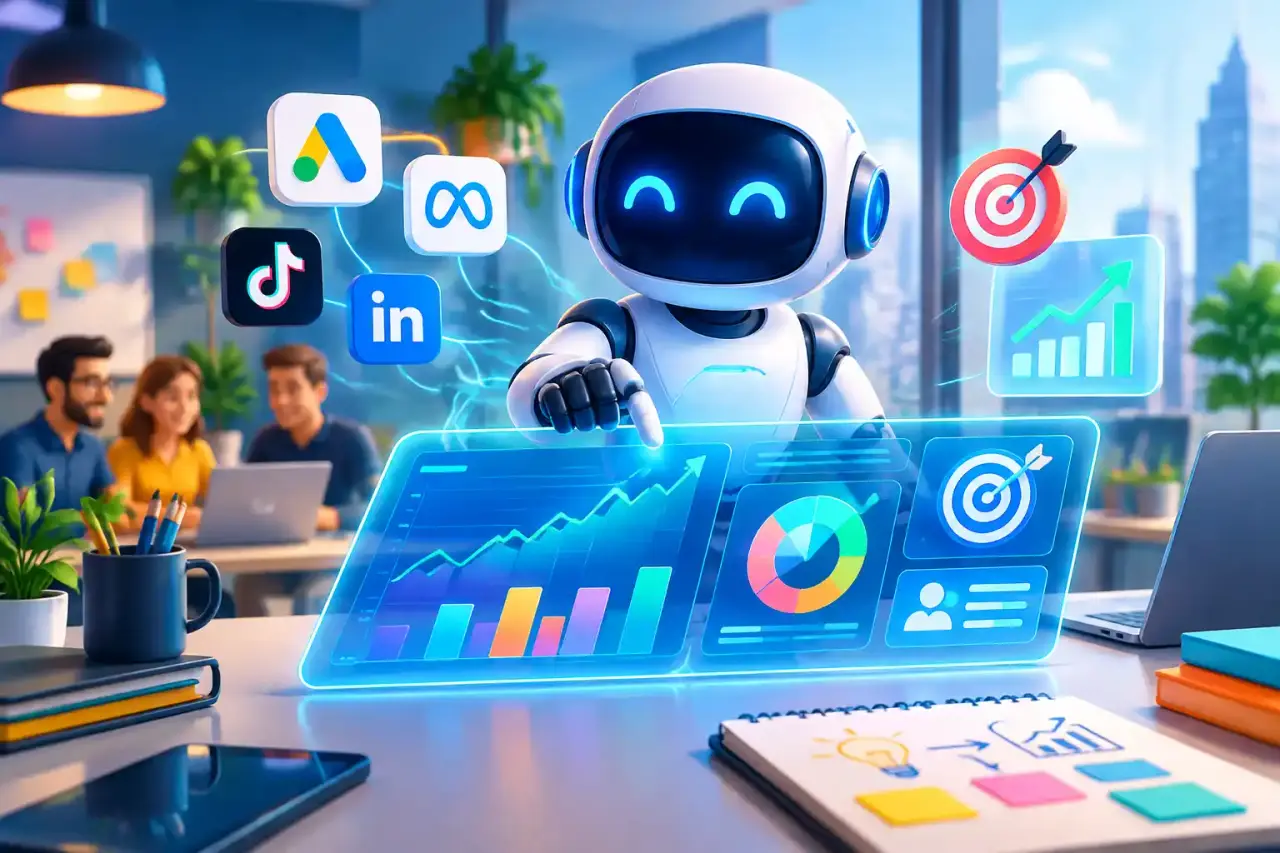 Composition abstraite représentant le pilotage des campagnes publicitaires par l’intelligence artificielle