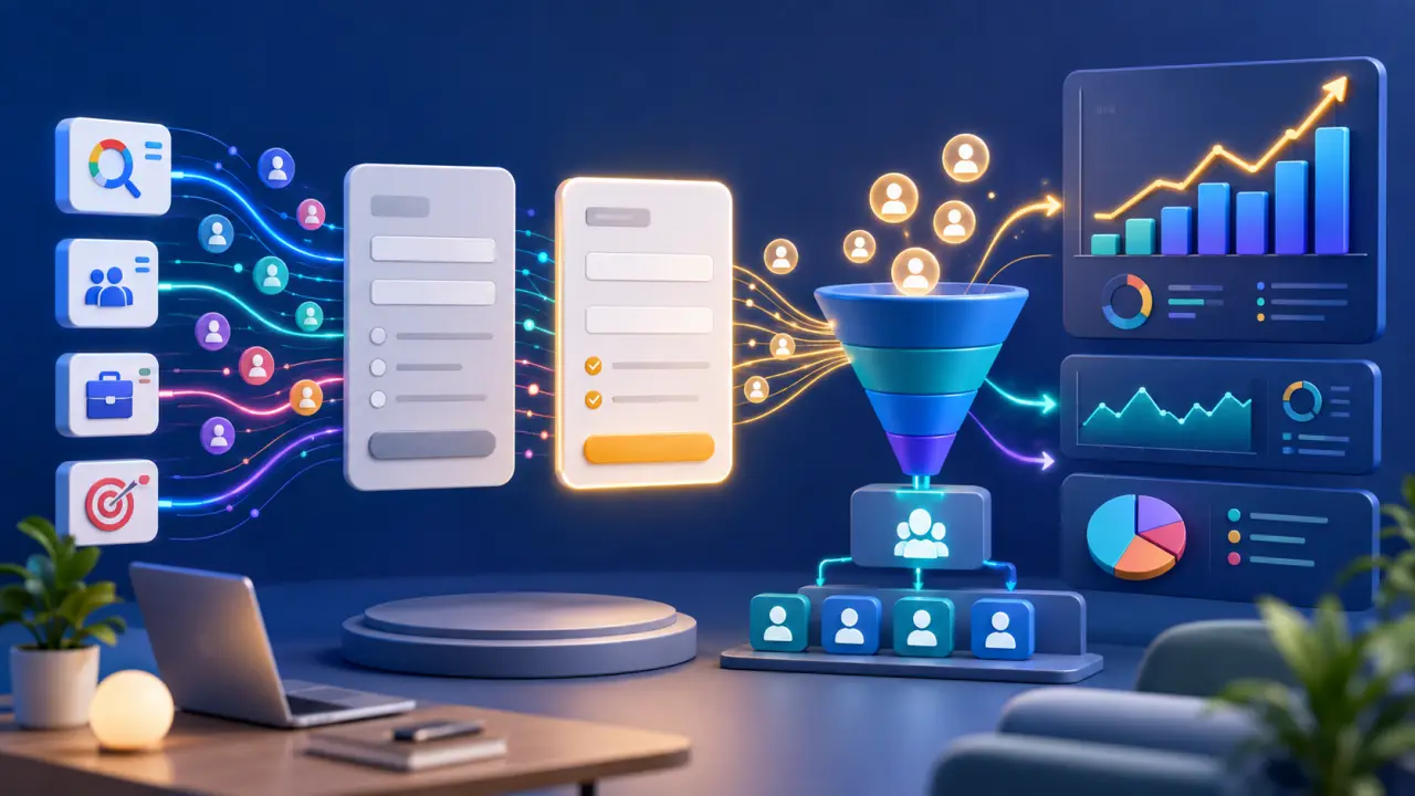 Illustration 3D d'une stratégie de conversion avec graphiques, flèches ascendantes et interface marketing